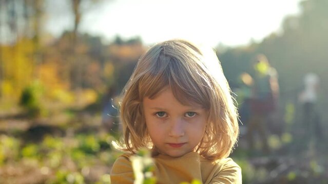 Close up of small caucasian kid standing in forest or park showing tree seedling to camera. Outdoor. Little cute child girl against deforestation. Safe eco planet future. Nature saving concept.