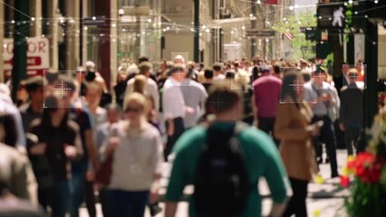 AI Facial Recognition Camera Recognizes Person. Security Camera Surveillance Footage Face Scanning of a Crowd of People Walking on Busy Urban City Streets. Big Data Connection Grid. - Powered by Adobe