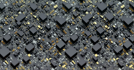 Computer technology background. Information technology, Connectivity theme. Gray PCB background, Electronic circuit boards contain microchips and processors. Isometric art