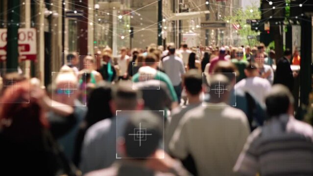 Anonymous Crowd Walking With Facial Recognition Interface and Connection Grid. Manhattan, New York City Busy Street. Surveillance Concept. Artificial Intelligence. Deep Learning.