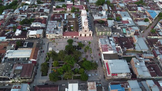 Aerial view of the town park and church of chaparral tolima colombia. concept of travel and towns