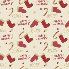 seamless beige christmas pattern with mittens