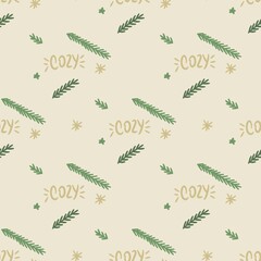 seamless beige christmas pattern with cozy and fir branches