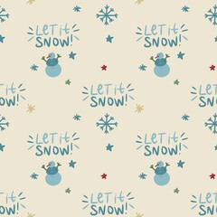seamless beige christmas pattern with let it snow and snowman