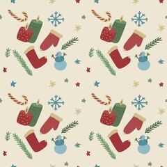 seamless beige christmas pattern with mittens, christmas socks, snowflakes and candycane