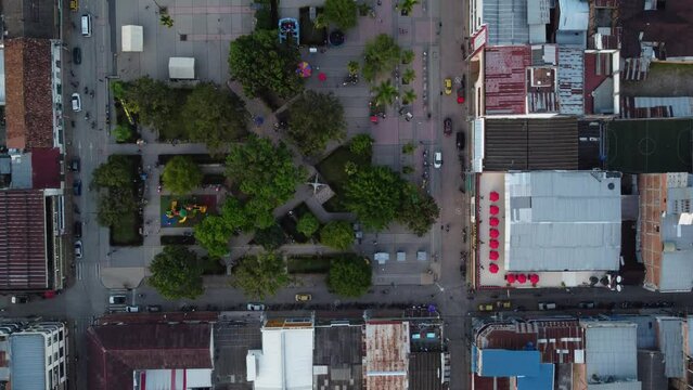 high zenithal aerial view of the park of the town of chaparral tolima colombia. concept of travel and towns