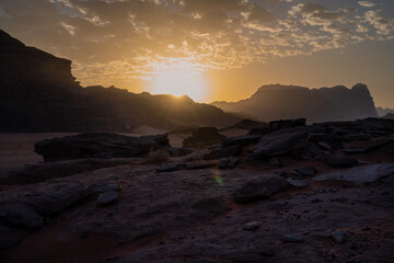 Wadi Rum Sunset in the Evening at Dusk in Jordan