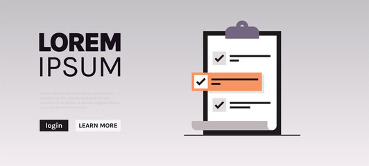 Check mark on checklist in survery from and business ogranization planning concept flat illustration.	
