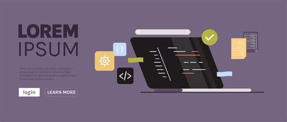Developing new software on laptop and freelance developer programming, coding, development process concept flat illustration.	
