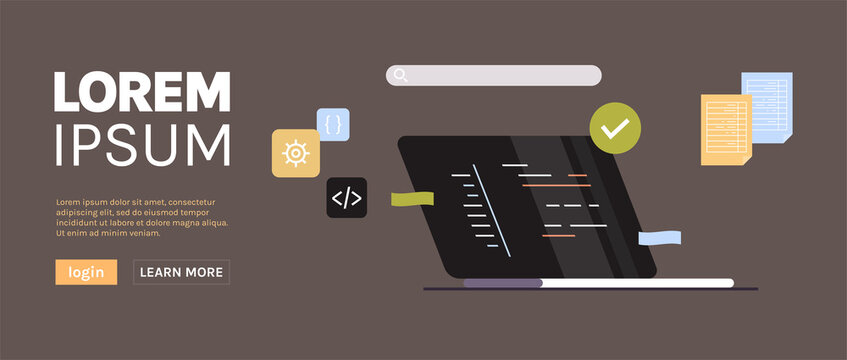 Developing new software on laptop and freelance developer programming, coding, development process concept flat illustration.	

