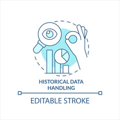 Historical data handling turquoise concept icon. Research working process abstract idea thin line illustration. Isolated outline drawing. Editable stroke. Arial, Myriad Pro-Bold fonts used