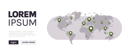 World map worlds pins and travel concept flat illustration.	
