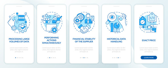 Aspects for choose corporate tools blue onboarding mobile app screen. Walkthrough 5 steps editable graphic instructions with linear concepts. UI, UX, GUI template. Myriad Pro-Bold, Regular fonts used