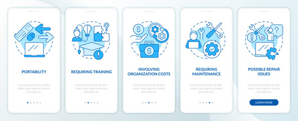 Business hardware selection blue onboarding mobile app screen. Walkthrough 5 steps editable graphic instructions with linear concepts. UI, UX, GUI template. Myriad Pro-Bold, Regular fonts used