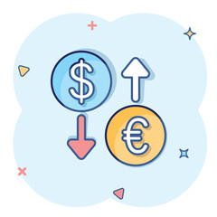 Currency exchange icon in comic style. Dollar euro transfer cartoon vector illustration on white isolated background. Financial process splash effect business concept.