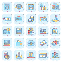 Money finance icon set in comic style. Payment cartoon vector illustration on white isolated background. Currency budget splash effect business concept.