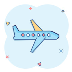 Plane icon in comic style. Airplane cartoon vector illustration on white isolated background. Flight airliner splash effect business concept.