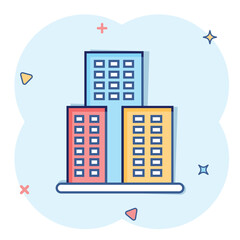 Building icon in comic style. Town skyscraper apartment cartoon vector illustration on white isolated background. City tower splash effect business concept.