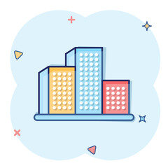 Obraz premium Building icon in comic style. Town skyscraper apartment cartoon vector illustration on white isolated background. City tower splash effect business concept.