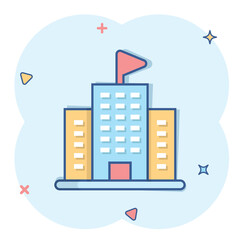 Building icon in comic style. Town skyscraper apartment cartoon vector illustration on white isolated background. City tower splash effect business concept.