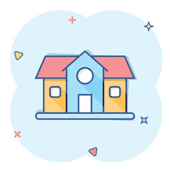 Building icon in comic style. Home cartoon vector illustration on white isolated background. House splash effect business concept.