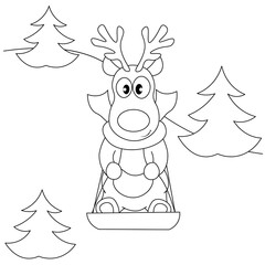Coloring book for children. Cute deer on a sled