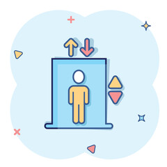 Elevator icon in comic style. Lift cartoon vector illustration on white isolated background. Passenger transportation splash effect business concept.
