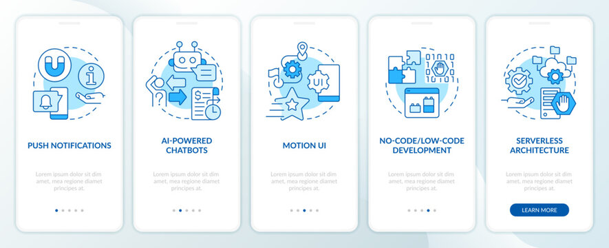 Web industry transformation blue onboarding mobile app screen. Walkthrough 5 steps editable graphic instructions with linear concepts. UI, UX, GUI template. Myriad Pro-Bold, Regular fonts used