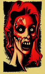 Illustration of zombie or demon face in vintage retro style. Old fashioned zombie portrait