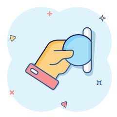 Remuneration icon in comic style. Money in hand cartoon vector illustration on white isolated background. Coin payroll splash effect business concept.