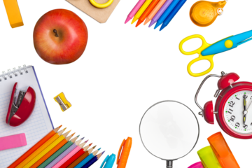 School stationary. Notebook, pens, pencils and other tools