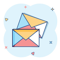 Email message icon in comic style. Mail document cartoon vector illustration on white isolated background. Message correspondence splash effect business concept.