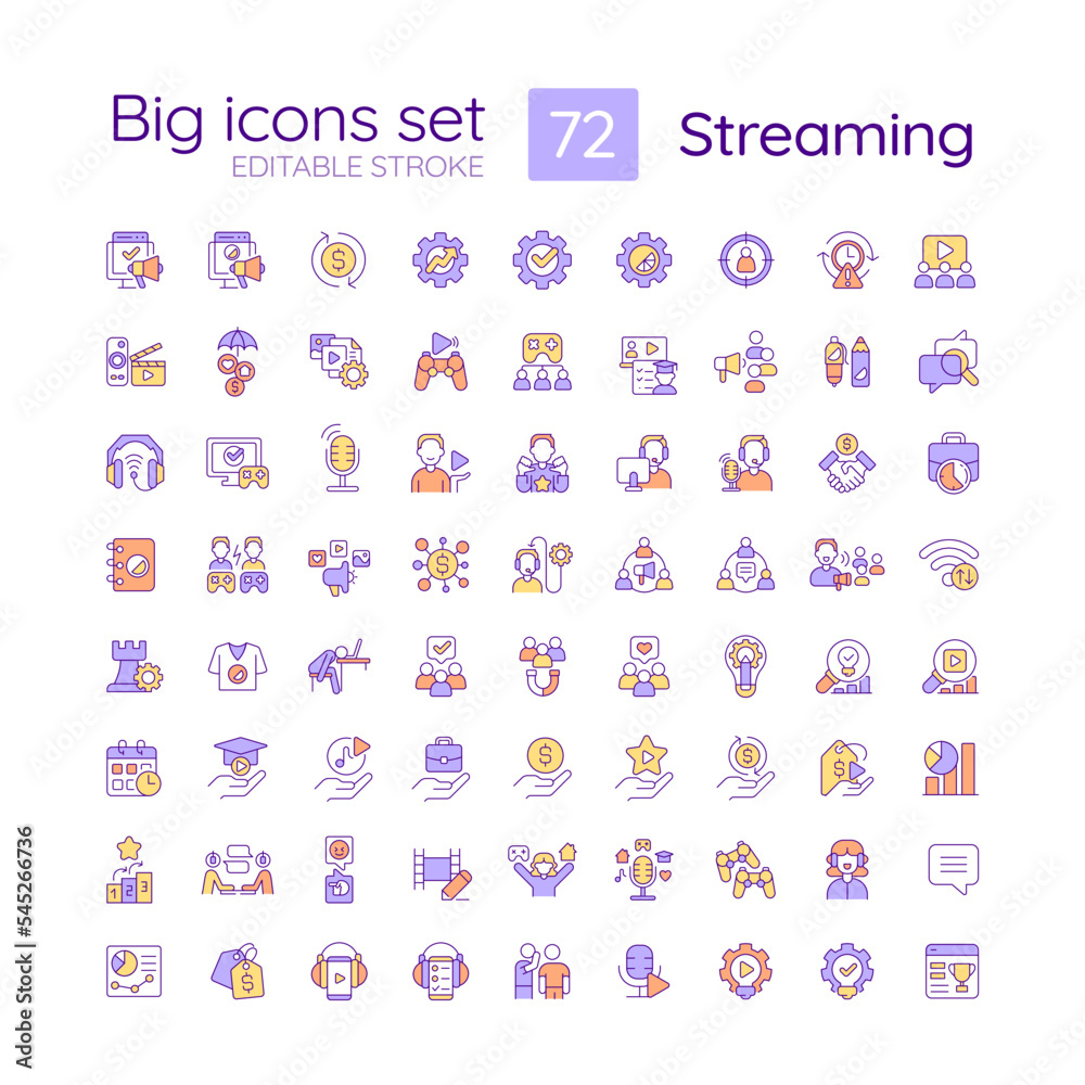 Sticker Streaming RGB color big icons set. Live streamer. Content production. Digital profession. Esports gamer. Isolated vector illustrations. Simple filled line drawings collection. Editable stroke