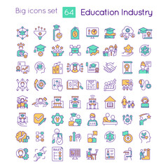 Education industry RGB color icons set. Specific knowledge. Learning process. Isolated vector illustrations. Simple filled line drawings collection. Editable stroke. Quicksand-Light font used