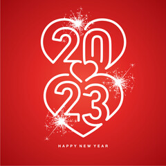 2023 Happy New Year white numbers inside three hearts that beat for 2023 with sparkle firework, line design isolated on red background