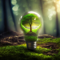 illustration of tree inside a light bulb on the forest floor, depth of field	