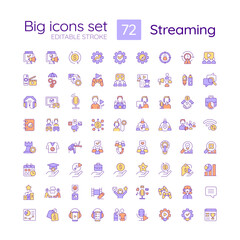 Streaming RGB color big icons set. Live streamer. Content production. Digital profession. Esports gamer. Isolated vector illustrations. Simple filled line drawings collection. Editable stroke