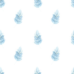 Watercolor pattern with delicate blue leaves, twigs with leaves, botanical illustration