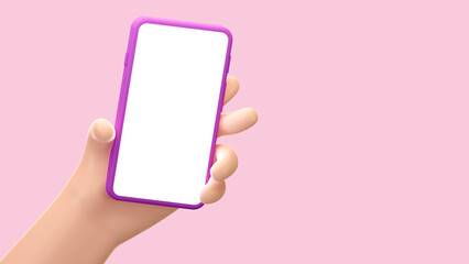 3D Cartoon hand holding smartphone with empty white screen isolated on pink background, Hand using mobile phone mockup. 3d render illustration