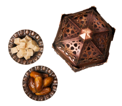 Ornamental dark Moroccan, Arabic lantern and plate with sugar and dates