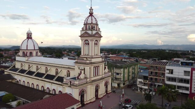 Upward aerial view of the town church in chaparral tolima colombia. concept of travel and towns