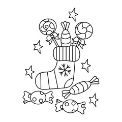 Christmas sock, candy, lollipops. The concept of the New Year's season. Coloring book for children for winter holidays