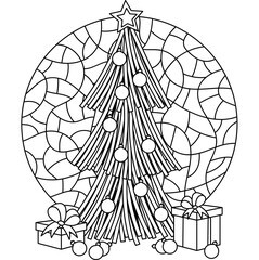 Christmas tree, gift boxes, decorative balloons. Mosaic background. Coloring book page. Hand drawn Black and white vector illustration. Greeting card template