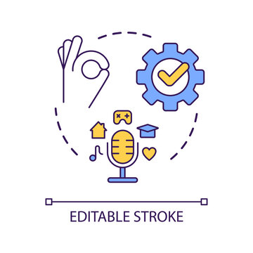 Pick good podcast topic concept icon. Live streaming. Content production. Become podcaster tip abstract idea thin line illustration. Isolated outline drawing. Editable stroke. Arial font used