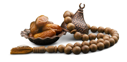 Date fruits in ornamental bowl with prayer beads.