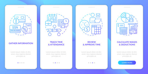 Payroll processing stages blue gradient onboarding mobile app screen. Wage walkthrough 4 steps graphic instructions with linear concepts. UI, UX, GUI template. Myriad Pro-Bold, Regular fonts used