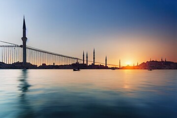 Fototapeta premium Ortakoy cami famous and popular landmark in Istanbul, Turkey. Lovely spring scenery with fishing boat at foreground and old historical mosque Ortakoy and Istanbul Bosporus bridge at background.