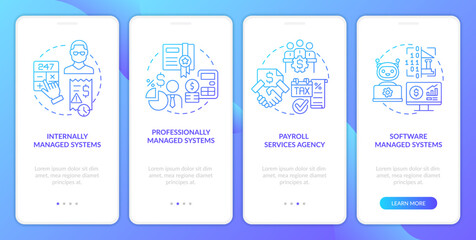 Types of payroll systems blue gradient onboarding mobile app screen. Salary walkthrough 4 steps graphic instructions with linear concepts. UI, UX, GUI template. Myriad Pro-Bold, Regular fonts used