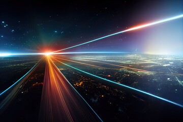 night shot from view point. Concept for warp effect futuristic space tunnel and digital town