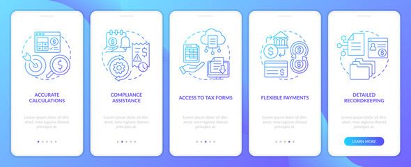 Payroll management software pros blue gradient onboarding mobile app screen. Walkthrough 5 steps graphic instructions with linear concepts. UI, UX, GUI template. Myriad Pro-Bold, Regular fonts used